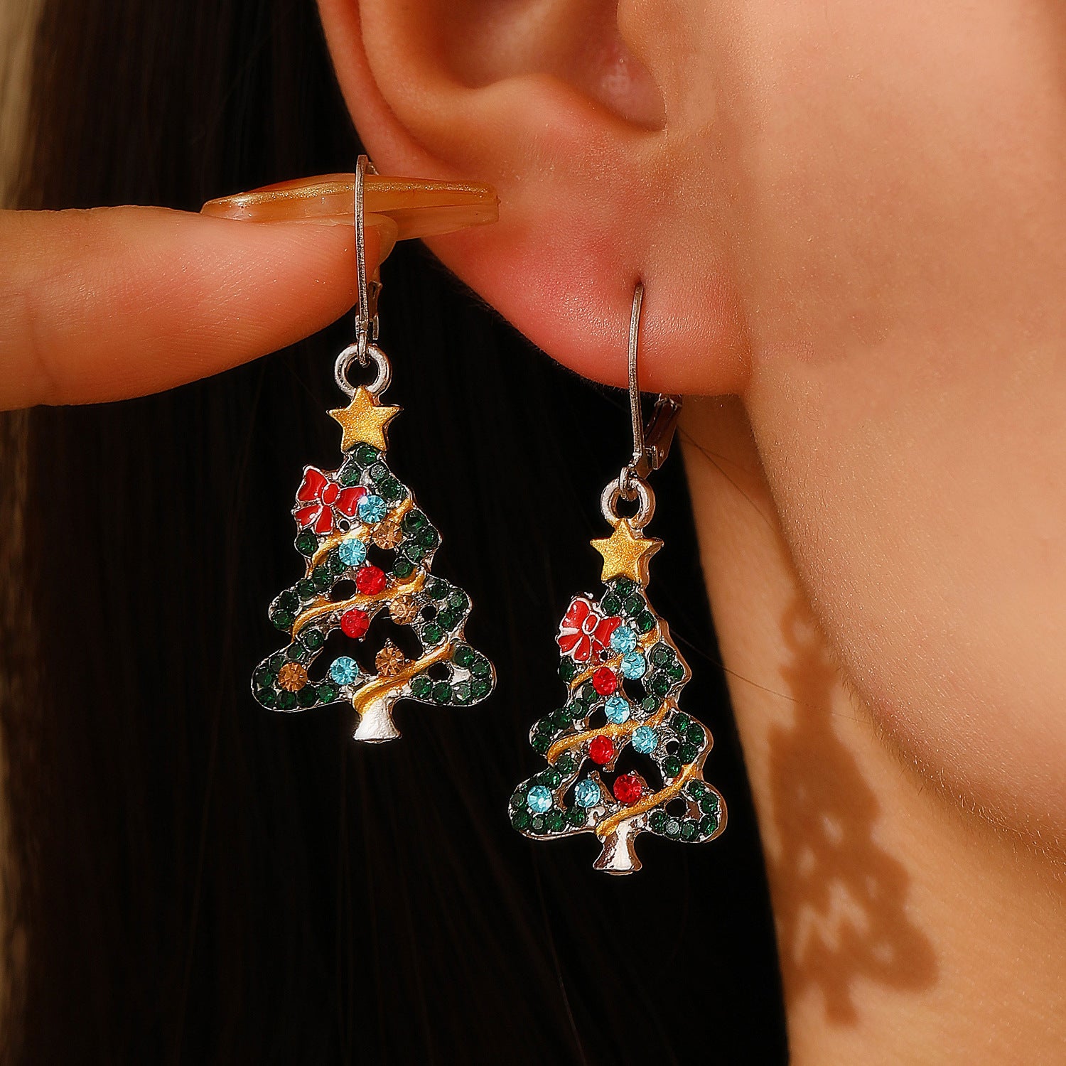 Wholesale Diamond-encrusted Christmas tree earrings
